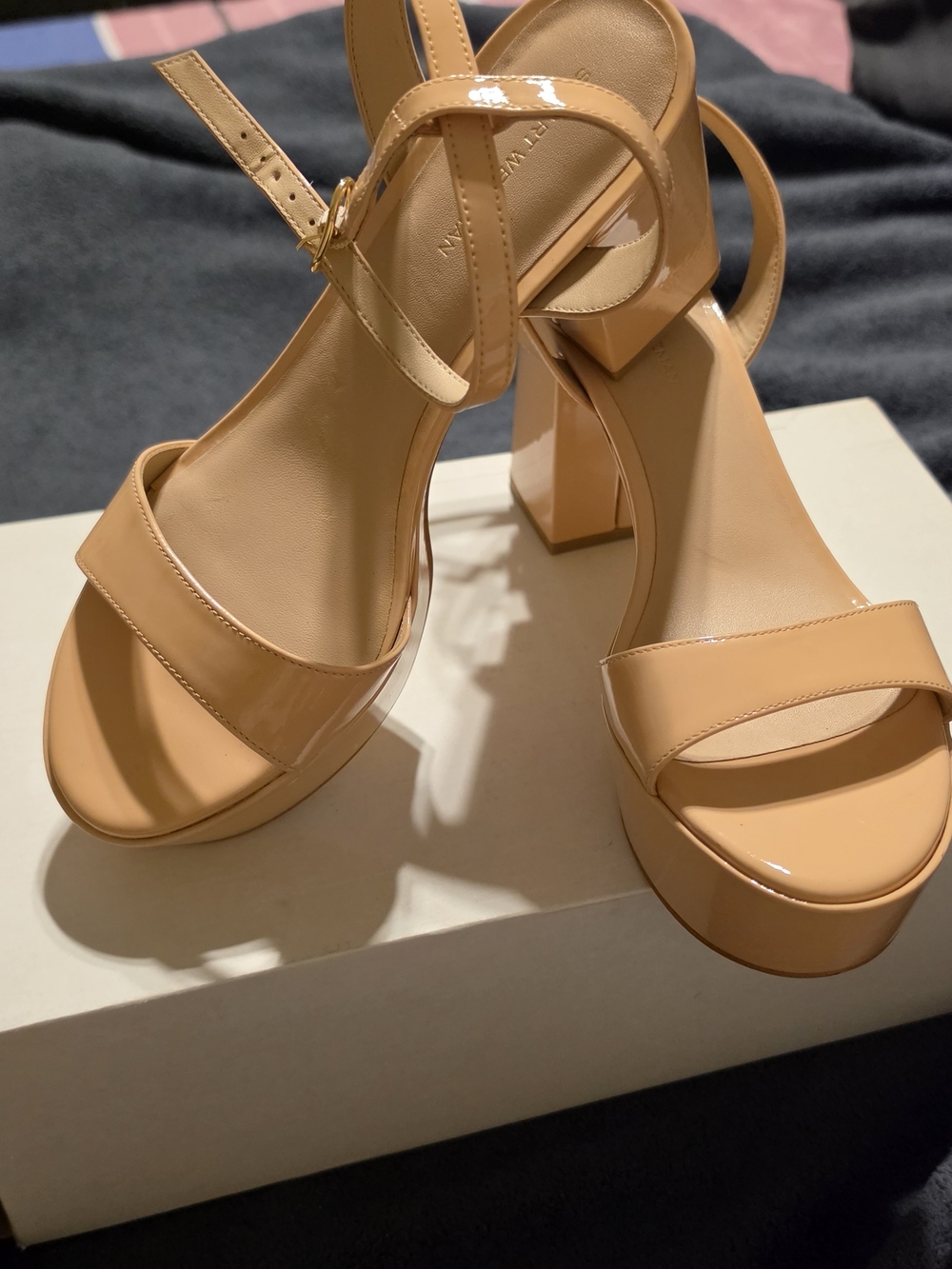 Stuart Weitzman Nude Patent Platform Sandals with Ankle Strap